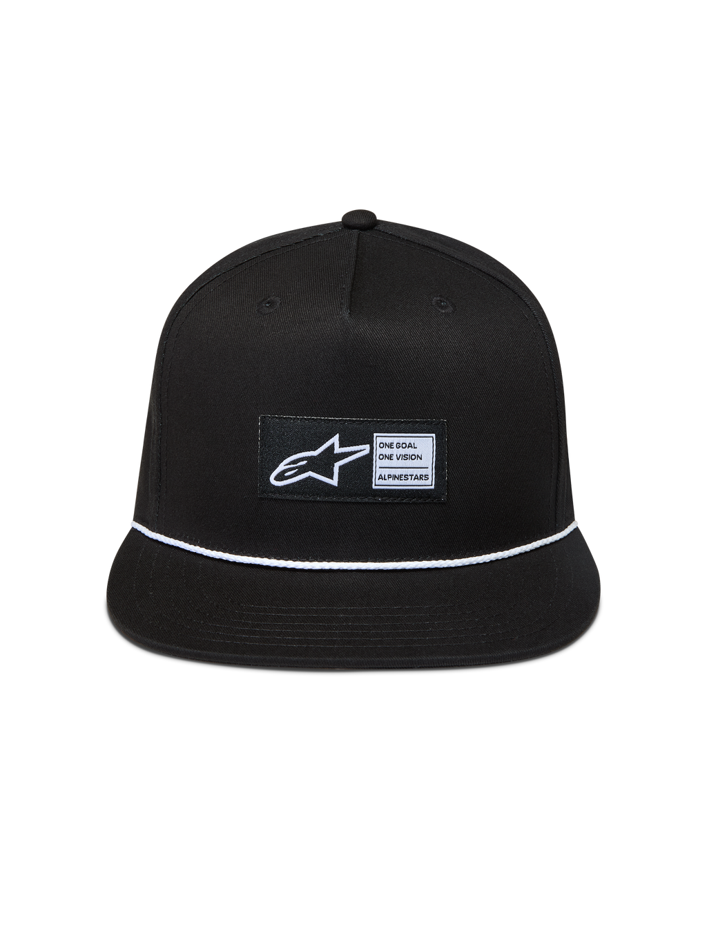 Alpinestars Label Snapback, gorra de sarga negra con visera plana, cuerda trenzada blanca y logotipo Astars tejido.
