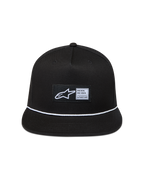 Alpinestars Label Snapback, gorra de sarga negra con visera plana, cuerda trenzada blanca y logotipo Astars tejido.