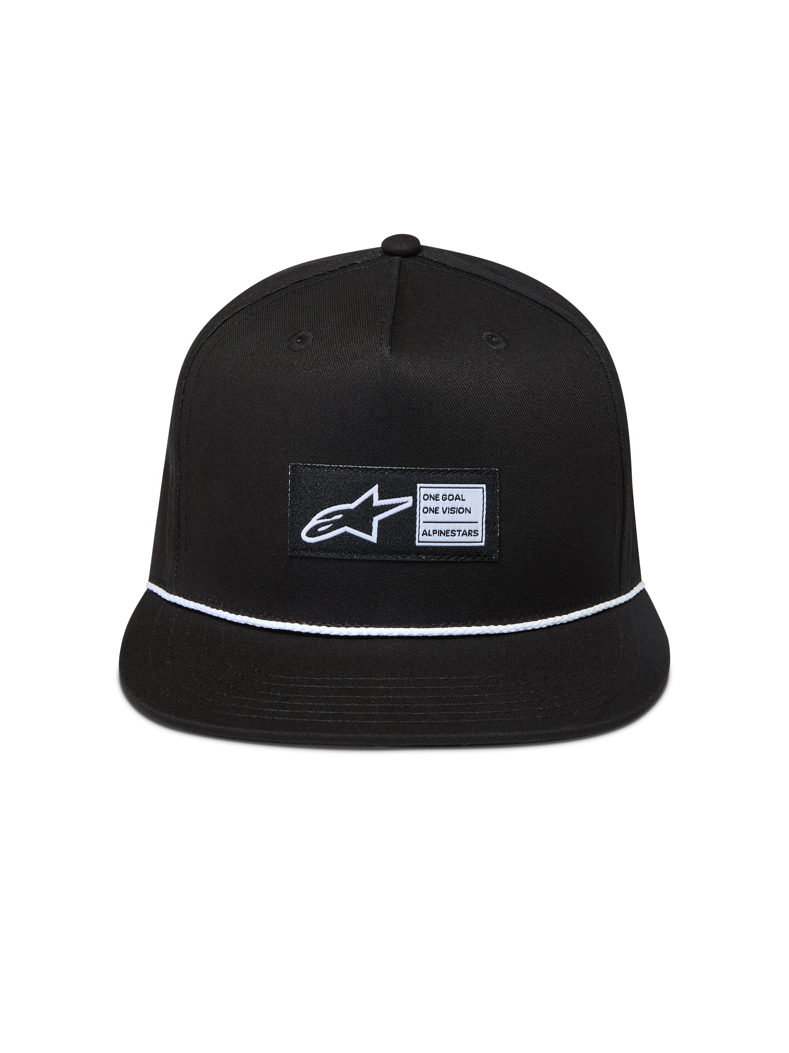 Alpinestars Label Snapback, gorra de sarga negra con visera plana, cuerda trenzada blanca y logotipo Astars tejido.