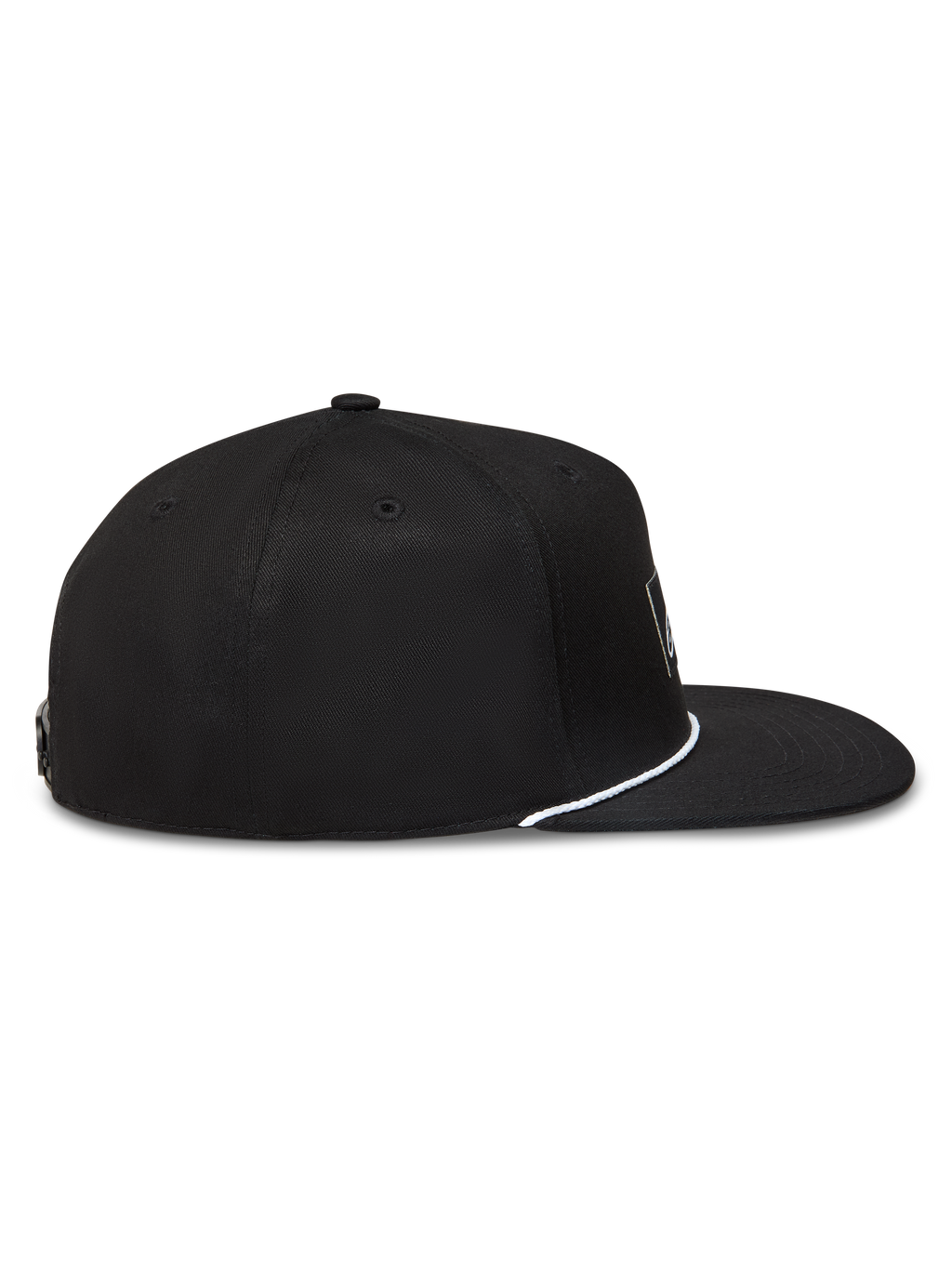 Alpinestars Label Snapback, gorra negra de visera plana con corona estructurada y detalle de cordón blanco, perfil lateral.