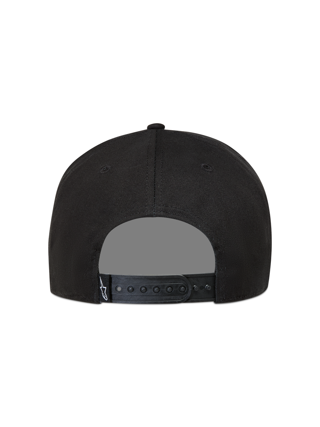 Alpinestars Label Snapback, gorra negra de sarga con cierre ajustable y etiqueta de logotipo Astars, vista trasera