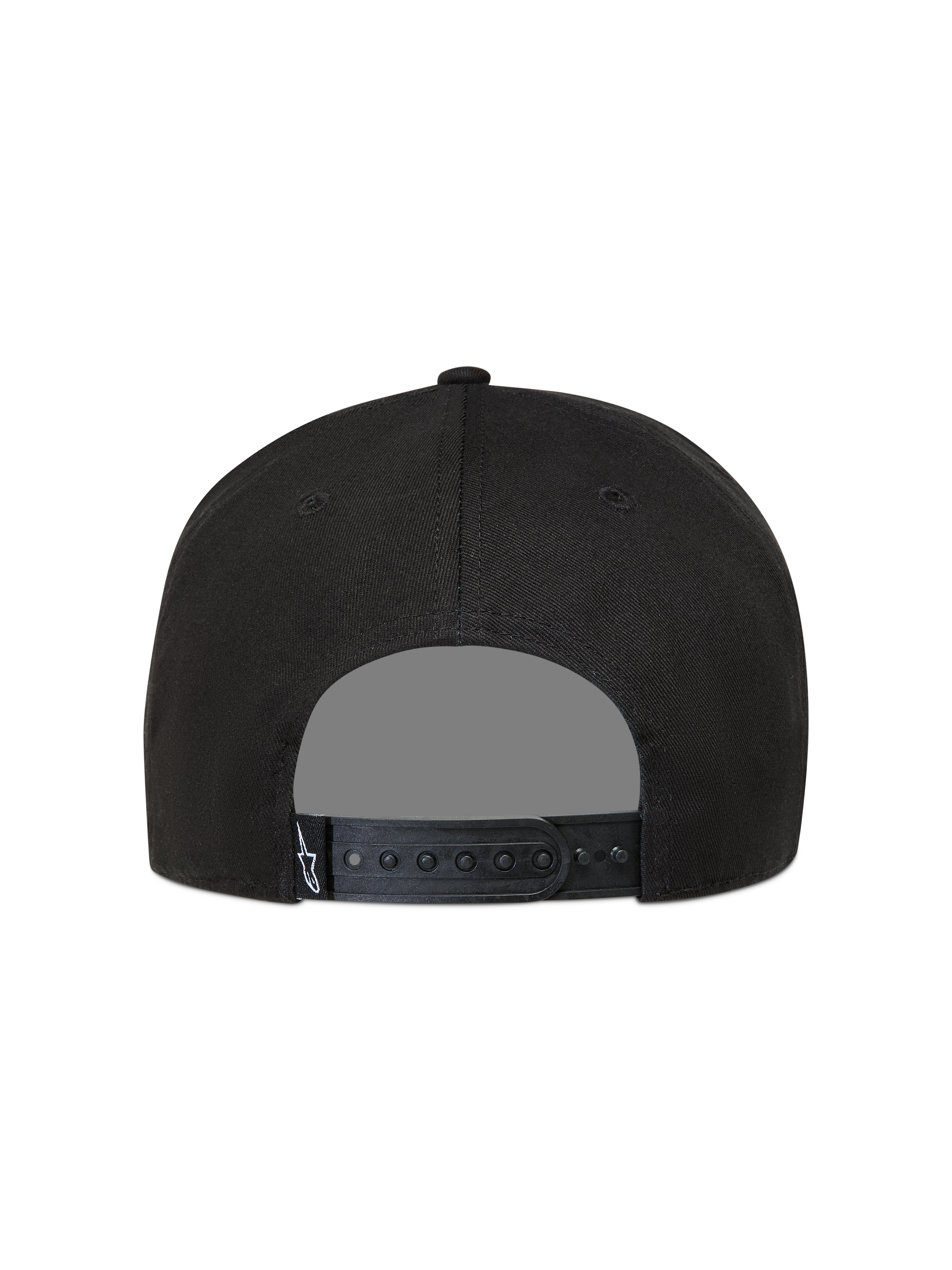 Alpinestars Label Snapback, gorra negra de sarga con cierre ajustable y etiqueta de logotipo Astars, vista trasera