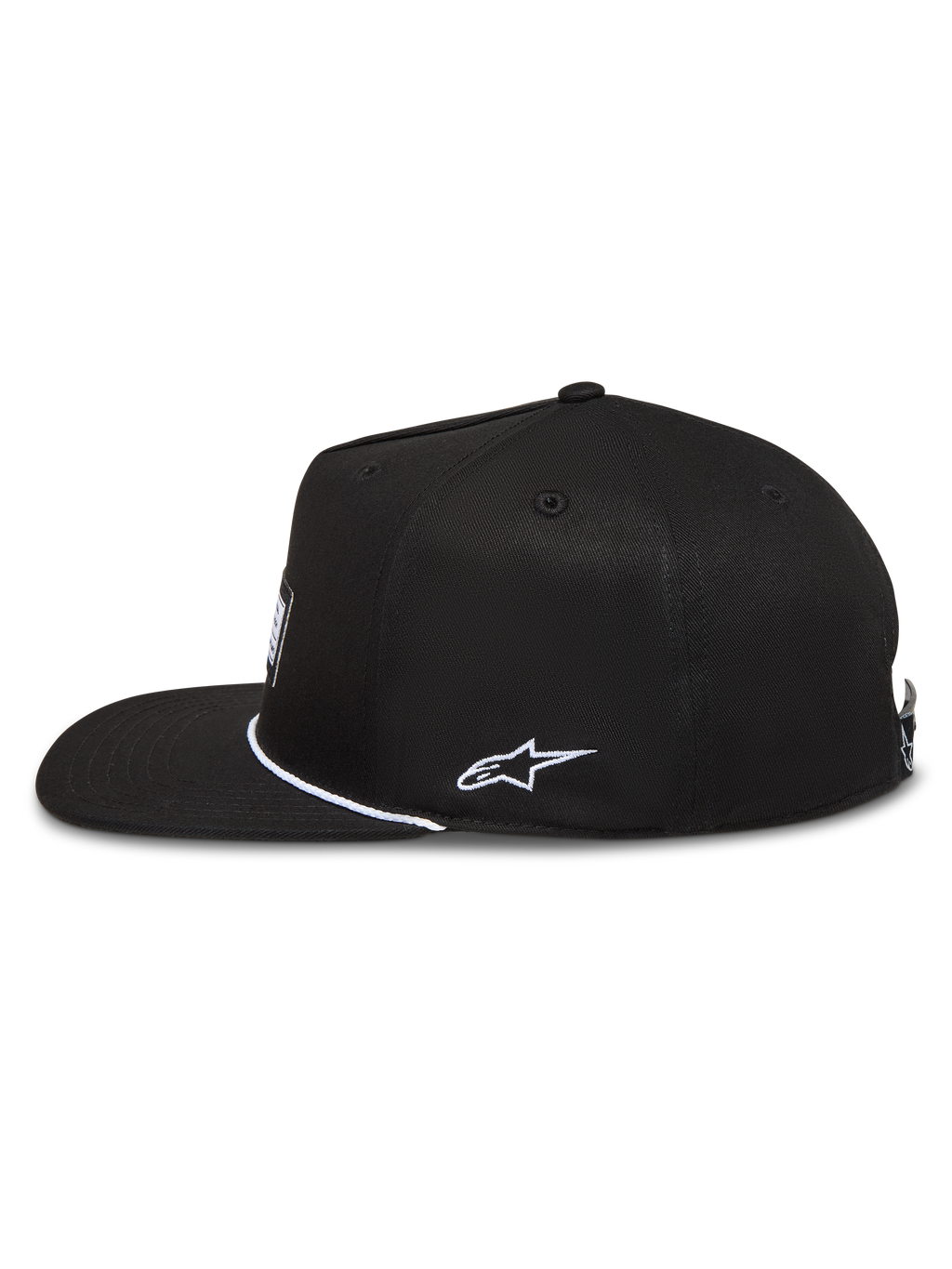 Alpinestars Label Snapback, gorra de sarga negra con visera plana, bordado lateral blanco y etiqueta frontal, ropa deportiva