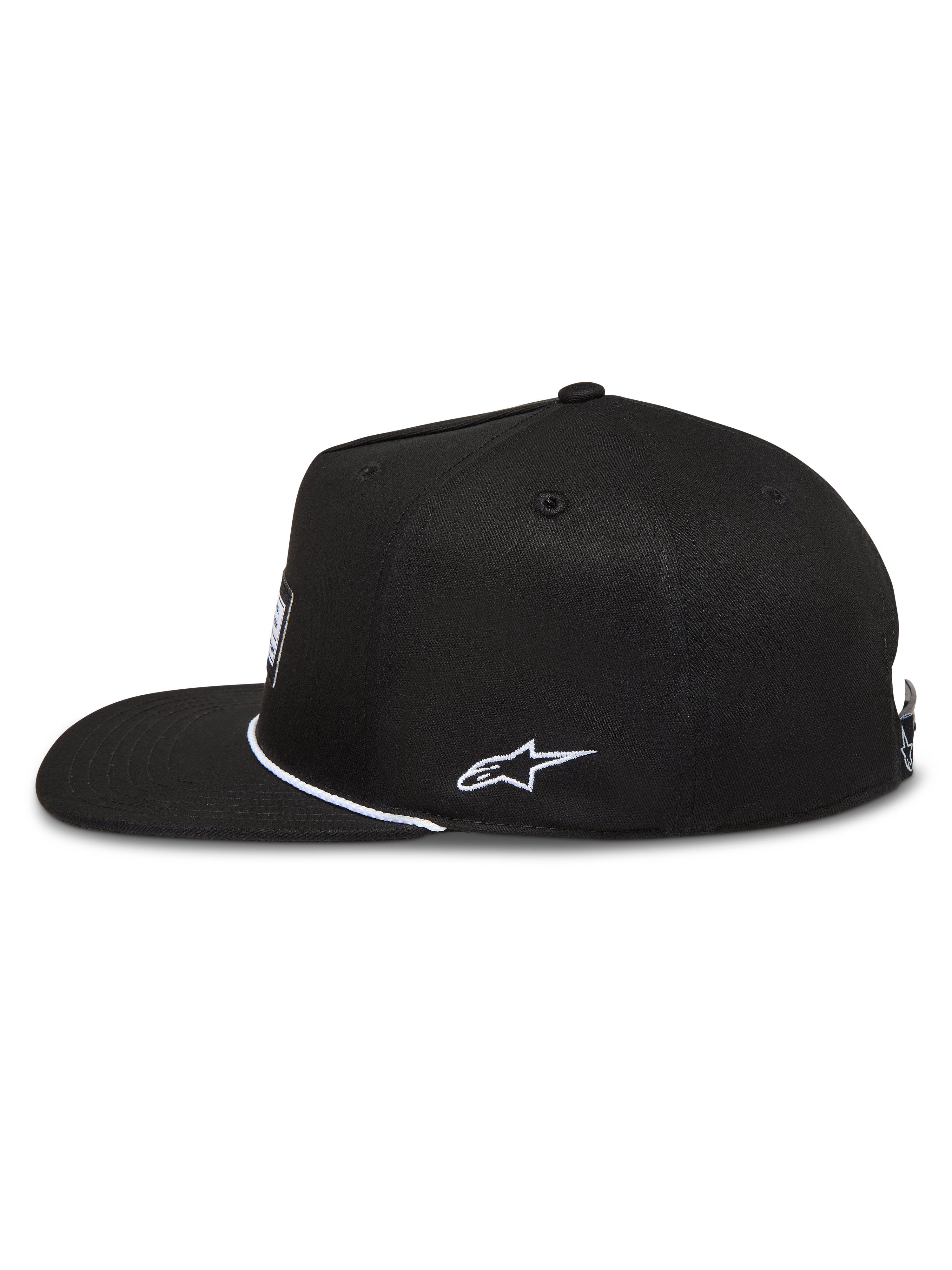 Alpinestars Label Snapback, gorra de sarga negra con visera plana, bordado lateral blanco y etiqueta frontal, ropa deportiva