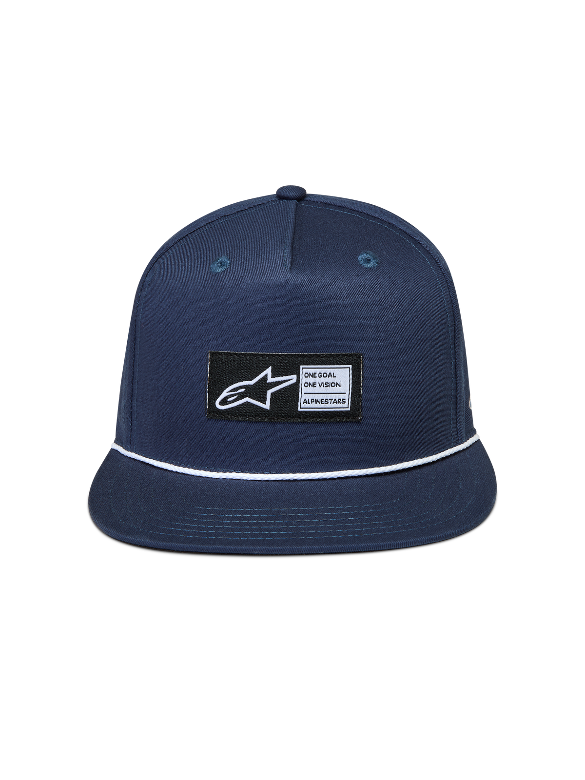 Alpinestars Label Snapback Gorro, gorra azul marino con visera plana, detalle de cuerda blanca y parche con logotipo tejido