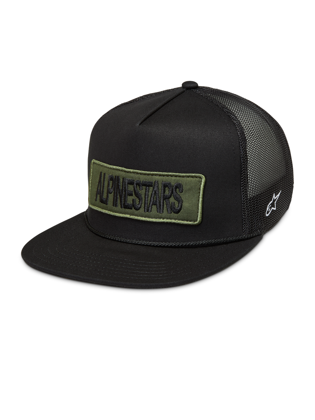 Alpinestars Ten Gorra, gorra de estilo trucker negra con parche bordado verde oliva en el frente, logotipo Astars lateral blanco y malla trasera, ropa deportiva