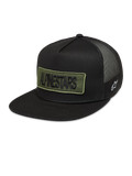 Alpinestars Ten Gorra, gorra de estilo trucker negra con parche bordado verde oliva en el frente, logotipo Astars lateral blanco y malla trasera, ropa deportiva