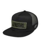 Alpinestars Ten Gorra, gorra de estilo trucker negra con parche bordado verde oliva en el frente, logotipo Astars lateral blanco y malla trasera, ropa deportiva