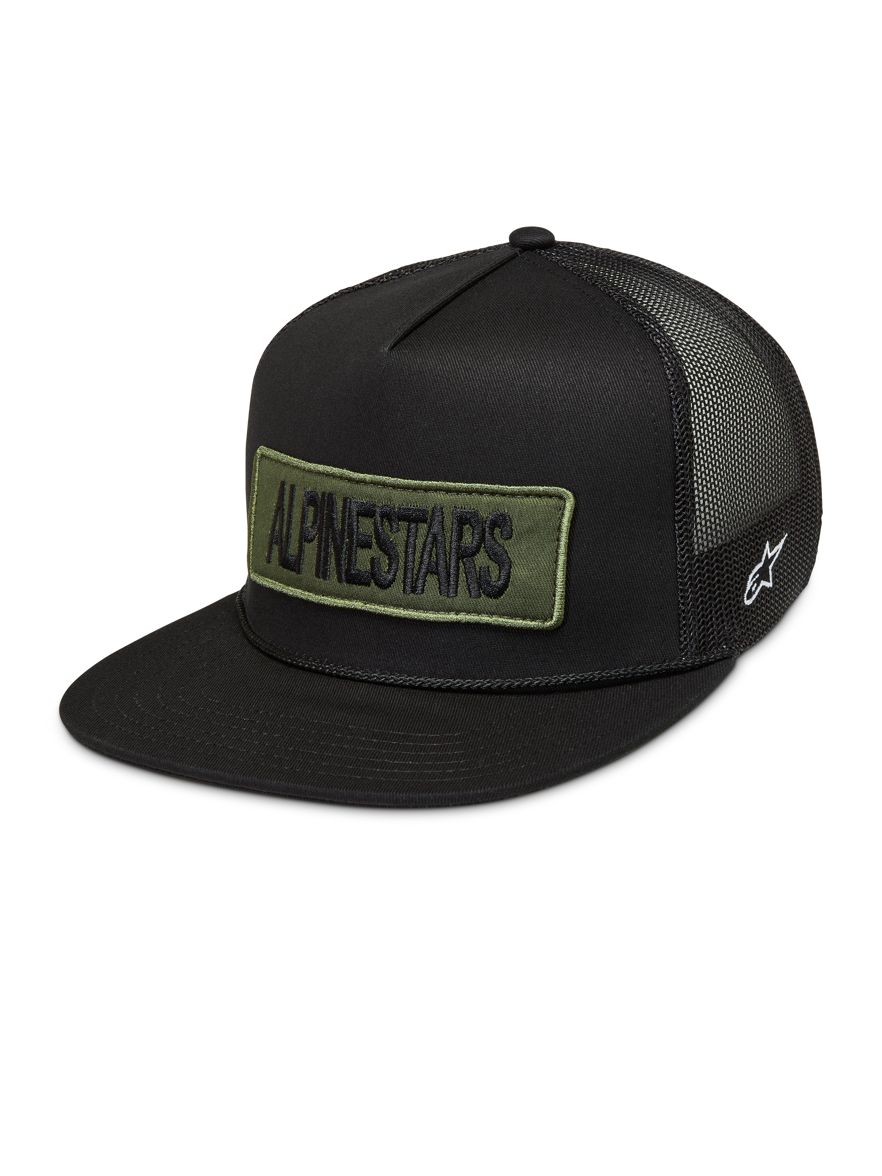 Alpinestars Ten Gorra, gorra de estilo trucker negra con parche bordado verde oliva en el frente, logotipo Astars lateral blanco y malla trasera, ropa deportiva