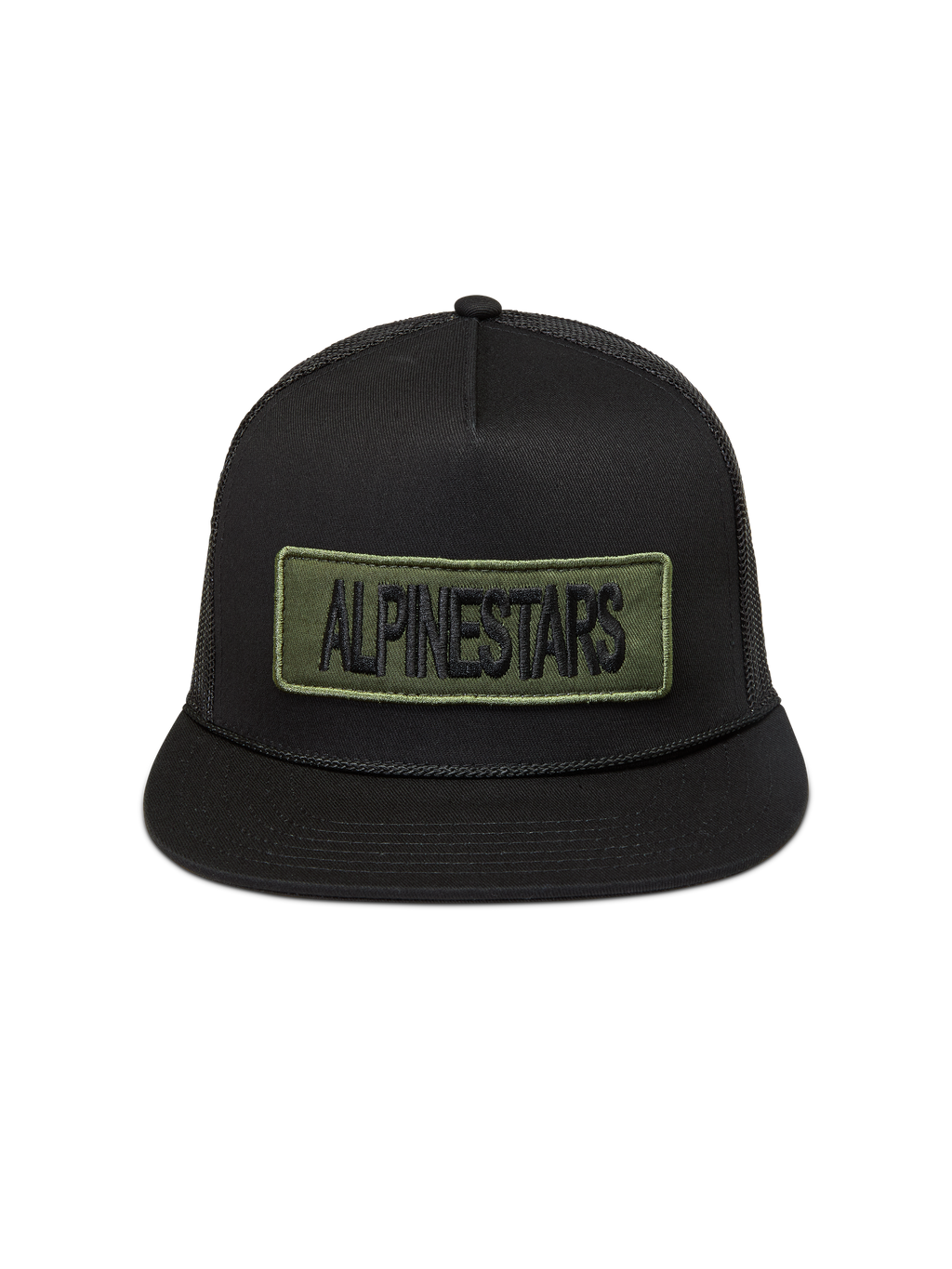 Alpinestars Ten Gorra, gorra de rejilla negra con visera plana y parche bordado verde oliva, estilo casual de sportswear