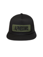 Alpinestars Ten Gorra, gorra de rejilla negra con visera plana y parche bordado verde oliva, estilo casual de sportswear