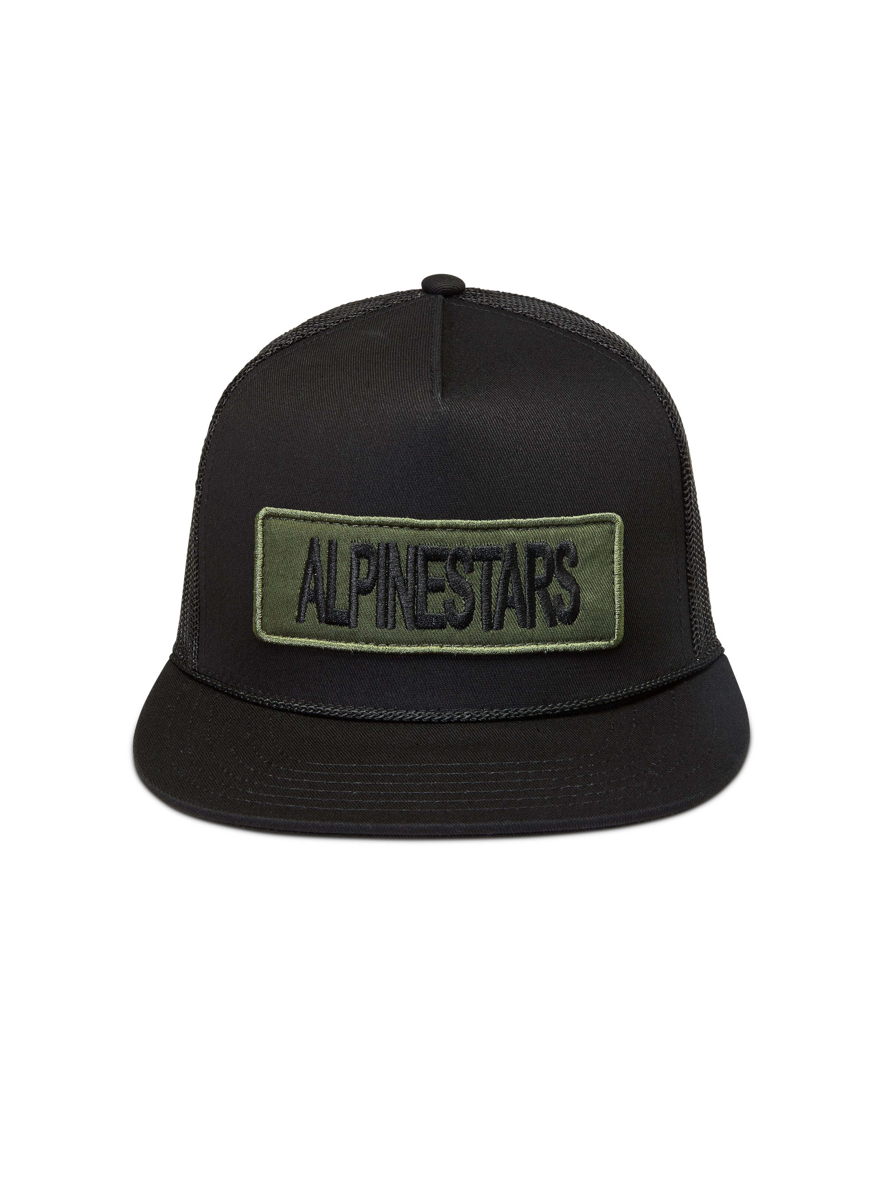 Alpinestars Ten Gorra, gorra de rejilla negra con visera plana y parche bordado verde oliva, estilo casual de sportswear