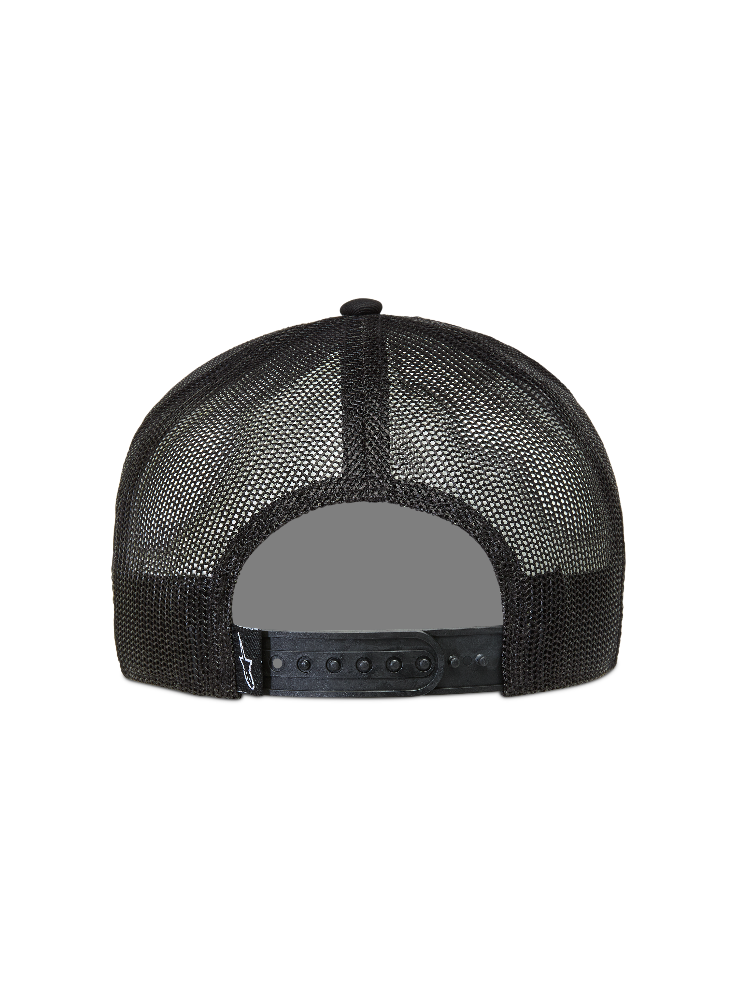 Alpinestars Ten gorra con visera, vista trasera de malla transpirable negra con cierre snapback ajustable