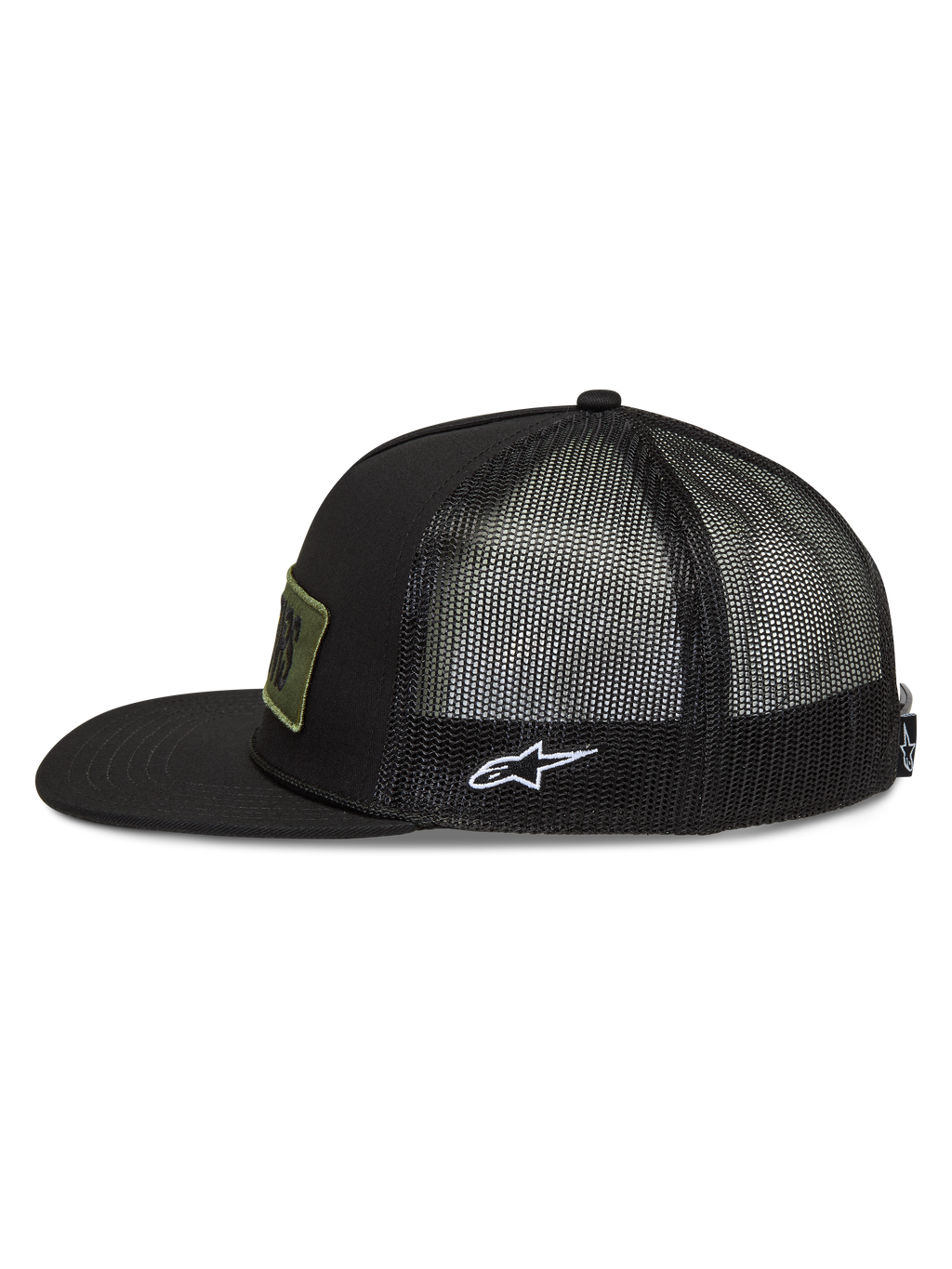 Alpinestars Ten Gorra, gorra tipo trucker con visera plana y rejilla trasera, negra con logotipo Astars blanco lateral