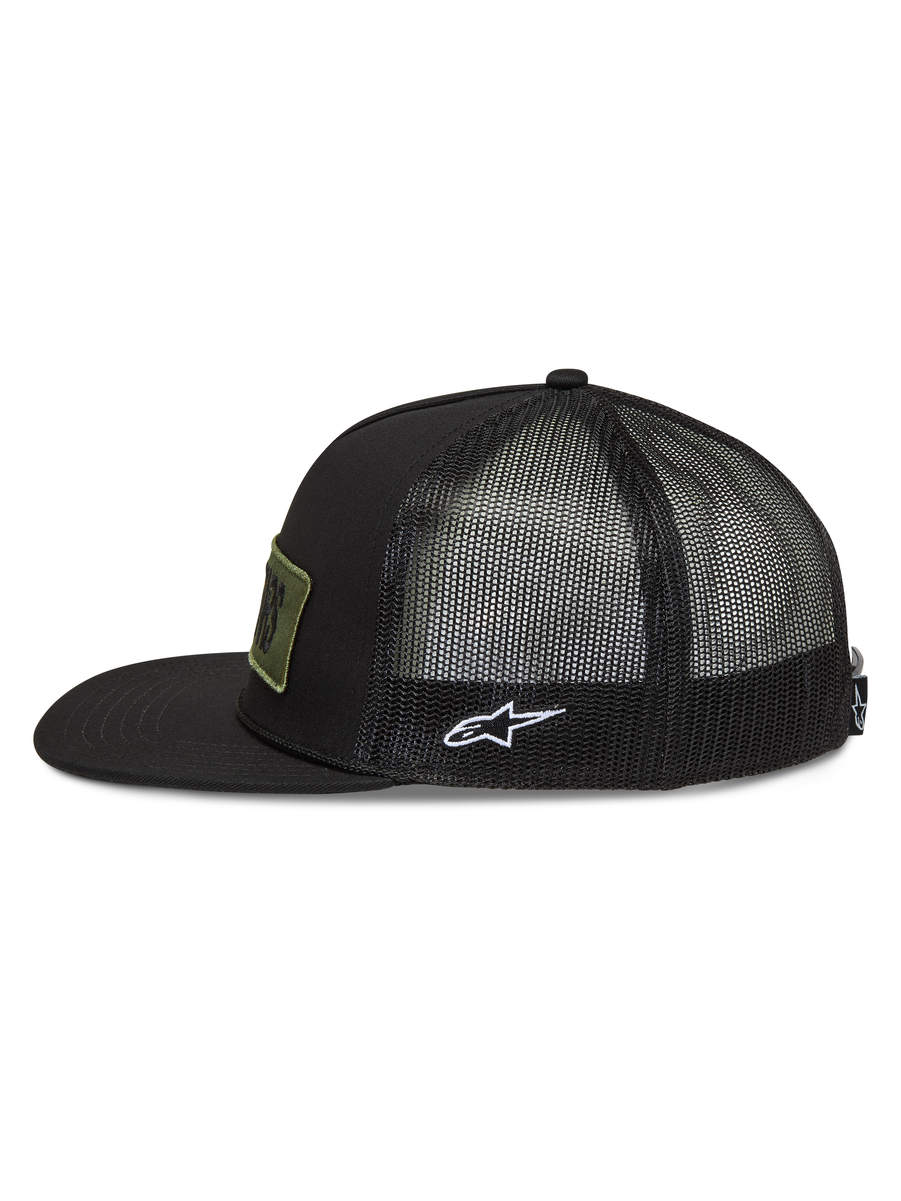 Alpinestars Ten Gorra, gorra tipo trucker con visera plana y rejilla trasera, negra con logotipo Astars blanco lateral