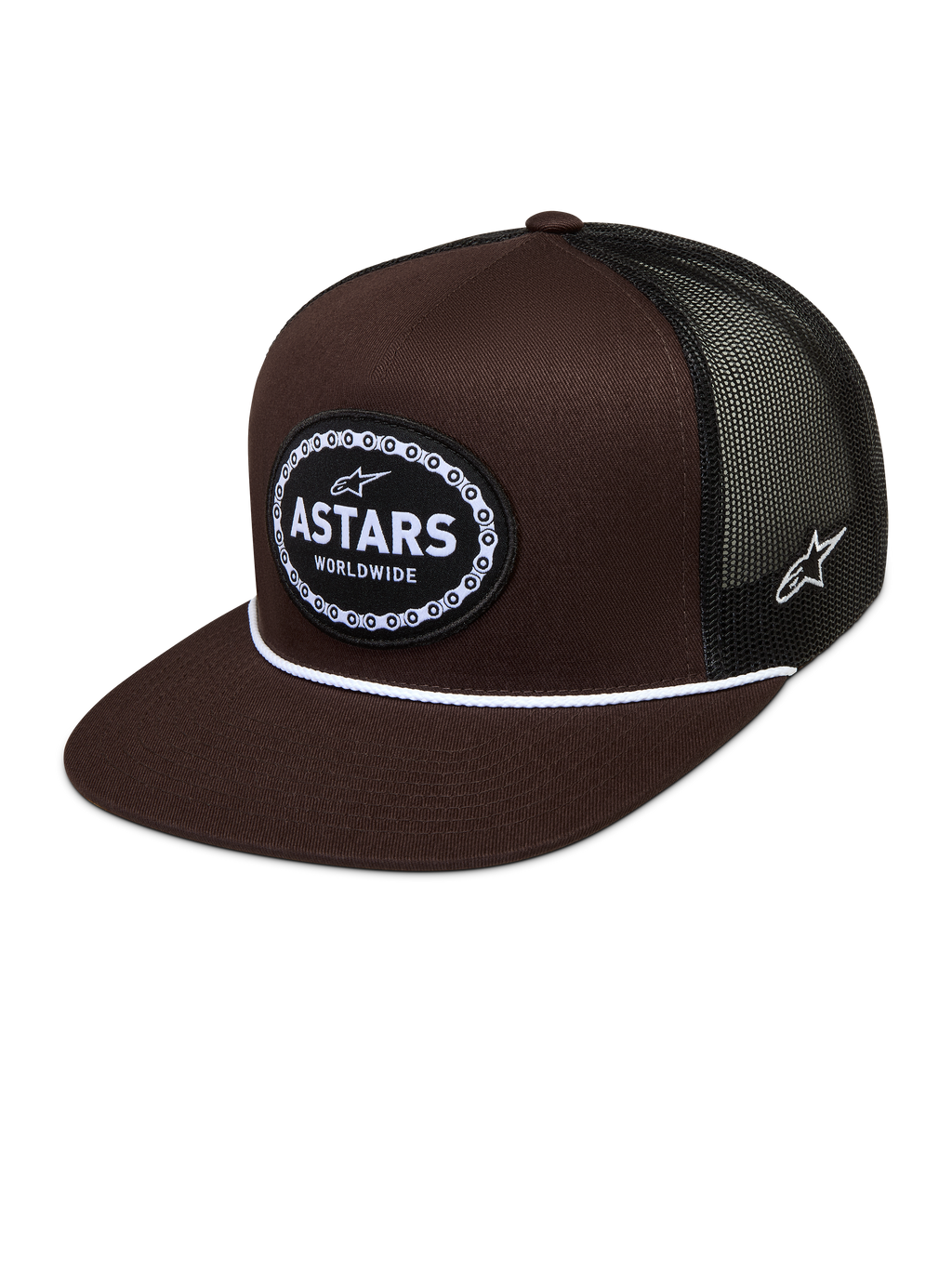 Alpinestars Hotlink Trucker Hat, brown and black sportswear cap with mesh back, flat bill, and woven bike chain logo patch.