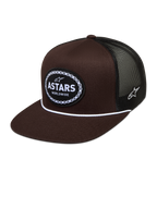 Alpinestars Hotlink Trucker Hat, brown and black sportswear cap with mesh back, flat bill, and woven bike chain logo patch.