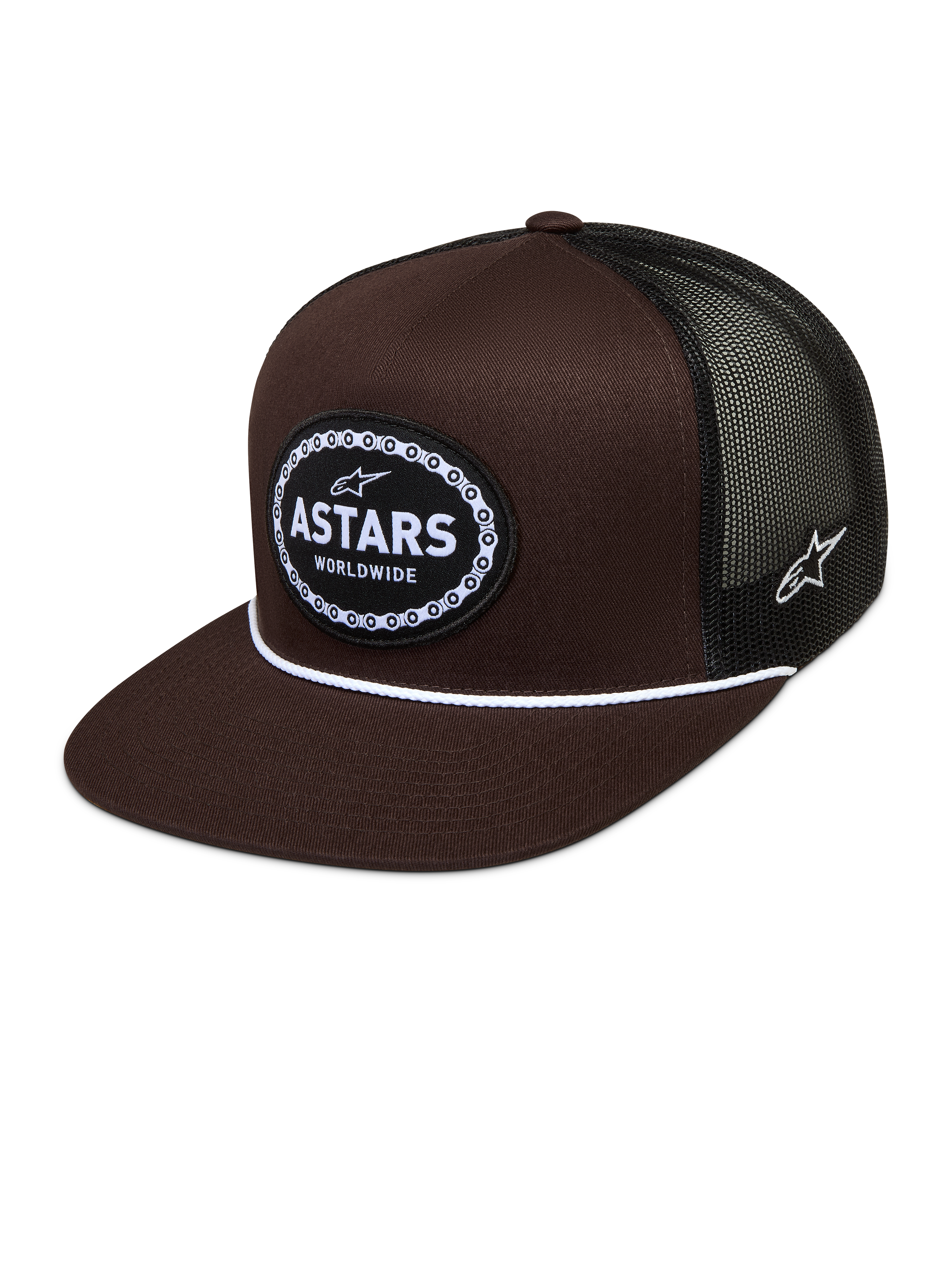 Alpinestars Hotlink Trucker Hat, brown and black sportswear cap with mesh back, flat bill, and woven bike chain logo patch.