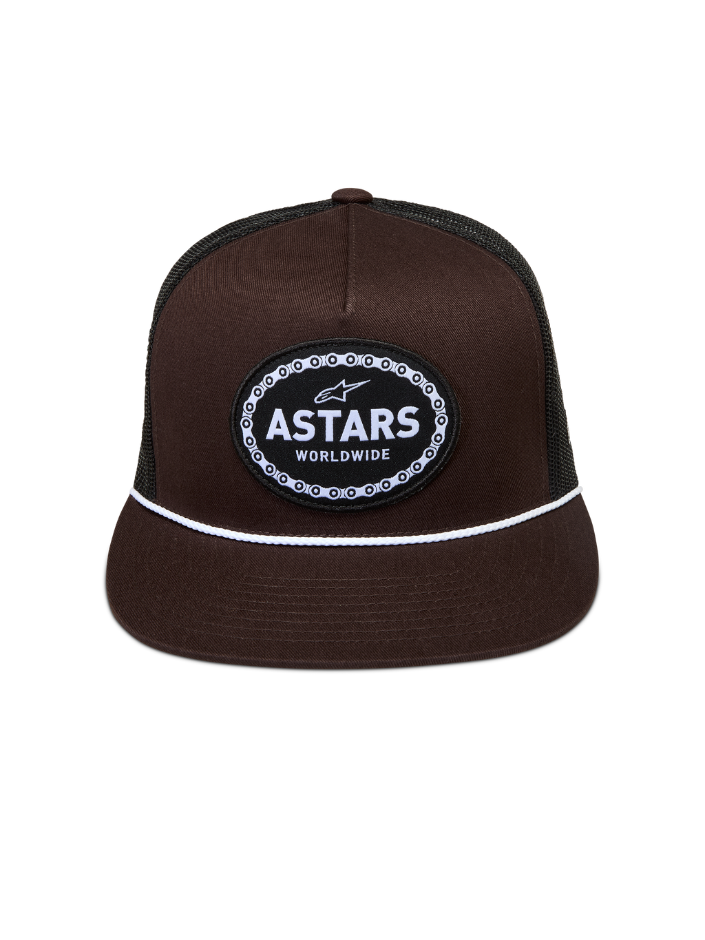 Alpinestars Hotlink Trucker Hat, brown and black lifestyle cap with a flat bill and woven Astars patch with chain border.