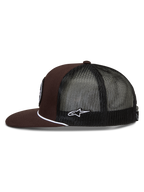 Alpinestars Hotlink Trucker Hat, brown and black flat-bill cap with mesh back and white rope detail.