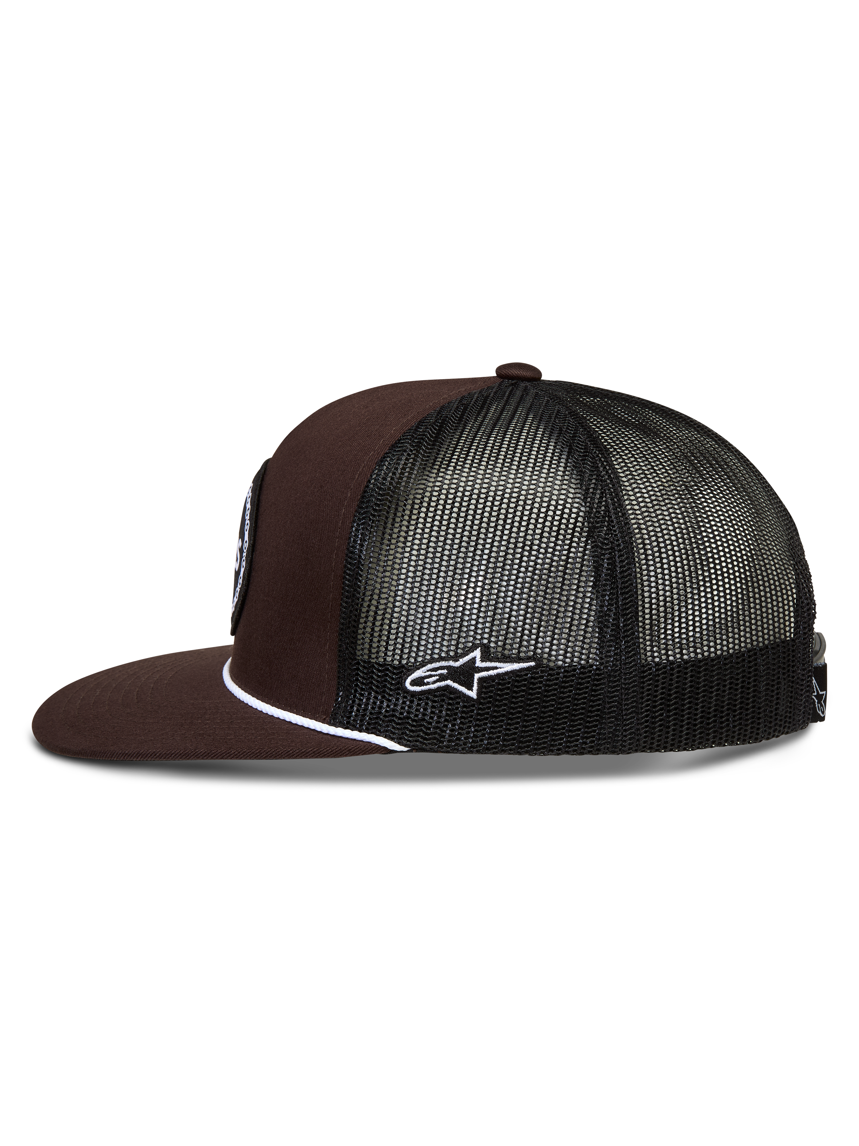 Alpinestars Hotlink Trucker Hat, brown and black flat-bill cap with mesh back and white rope detail.