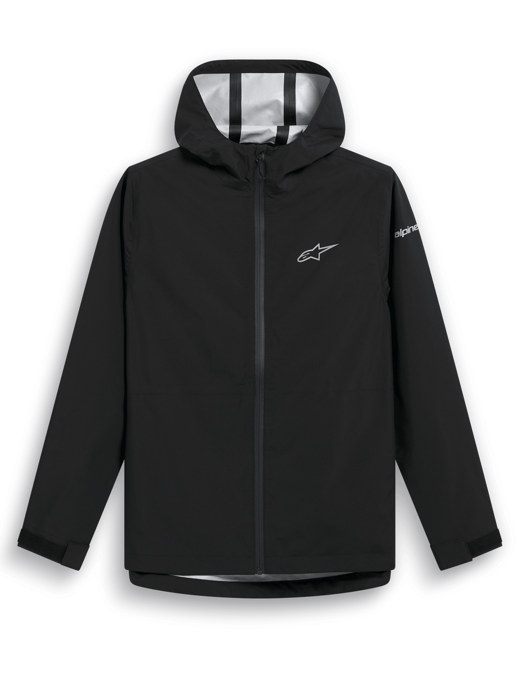 Alpinestars Kascade Rain Jacket, Black rain shell jacket, water-resistant 2.5L fabric with taped seams, fixed hood, coated reverse coil front zipper, Velcro cuff tabs, white Alpinestars star logo on chest and sleeve branding, casual wet-weather gear