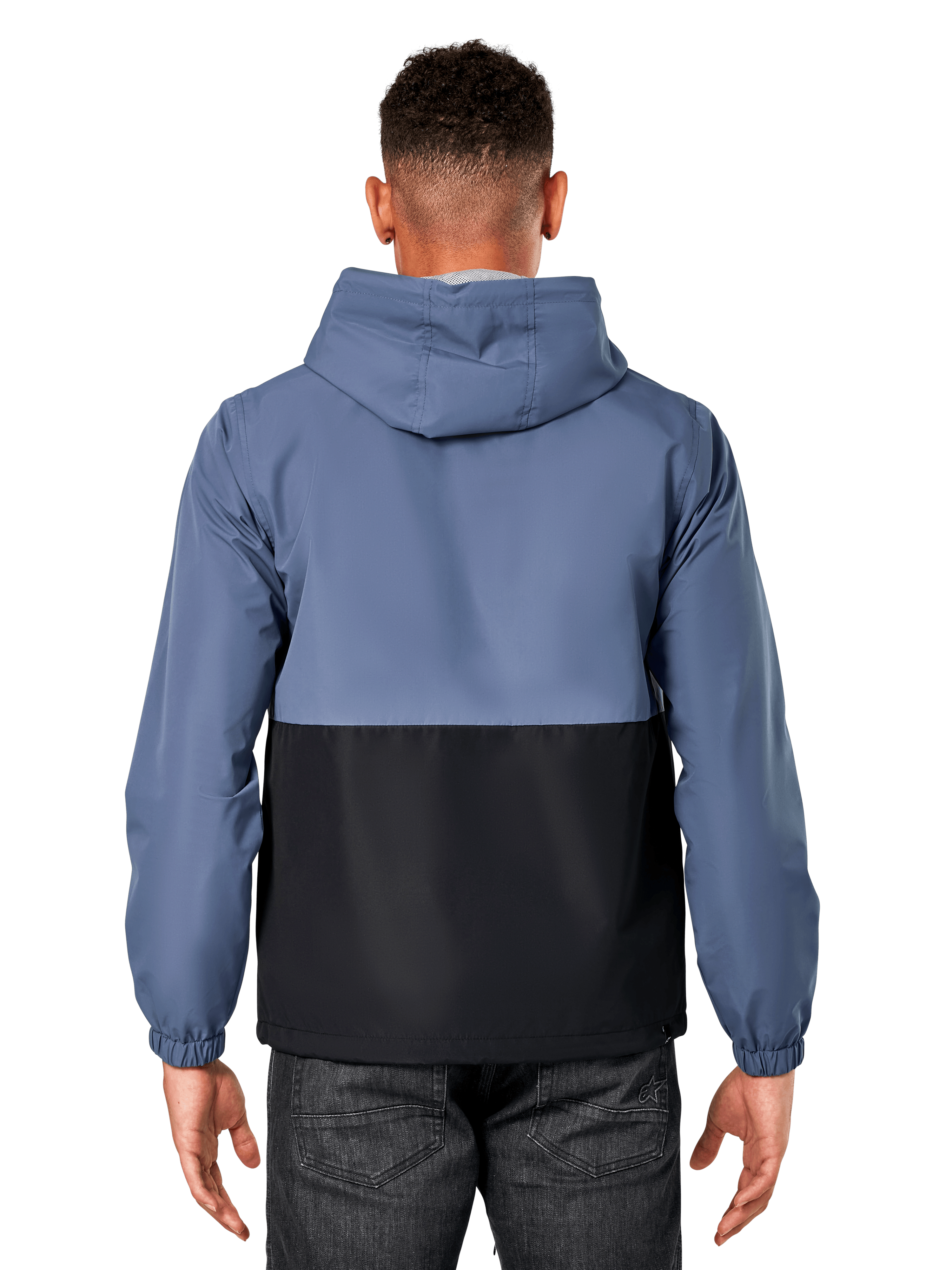 Alpinestars Speeder Windbreaker Jacket, back view of man wearing two-tone slate blue and black jacket, blocked body design, hooded, lightweight casual sportswear with elastic cuffs