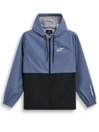 Alpinestars Speeder Windbreaker Jacket, Lightweight Hooded Windbreaker, Slate Blue and Black, two-tone blocked design with white logo on chest and sleeve branding, mesh lining and adjustable drawcord hood
