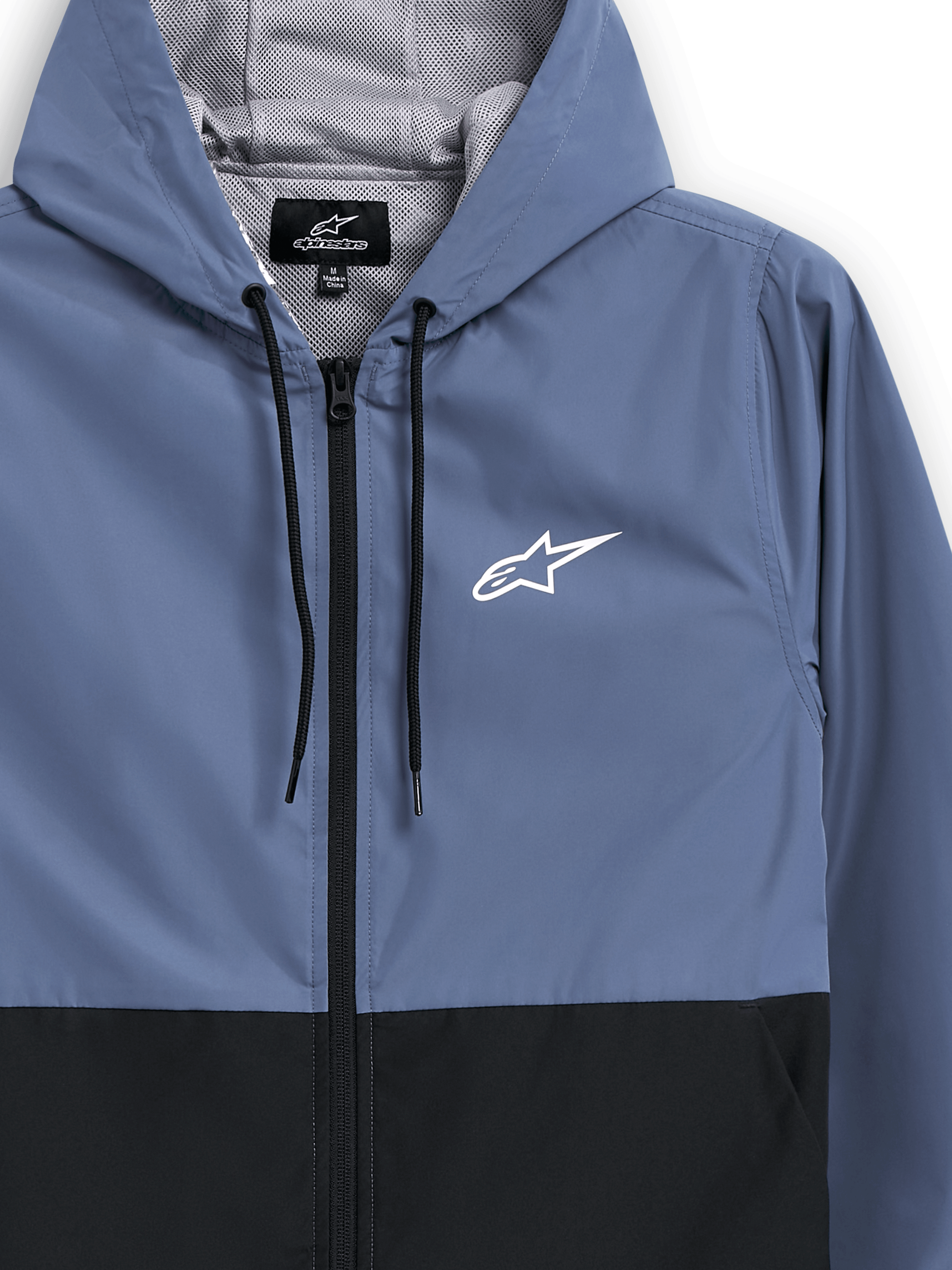 Alpinestars Speeder Windbreaker Jacket, Slate Blue and Black, lightweight hooded windbreaker, mesh lining with black drawstrings, white Alpinestars star logo on chest, blocked body design, casual motorsport-inspired streetwear