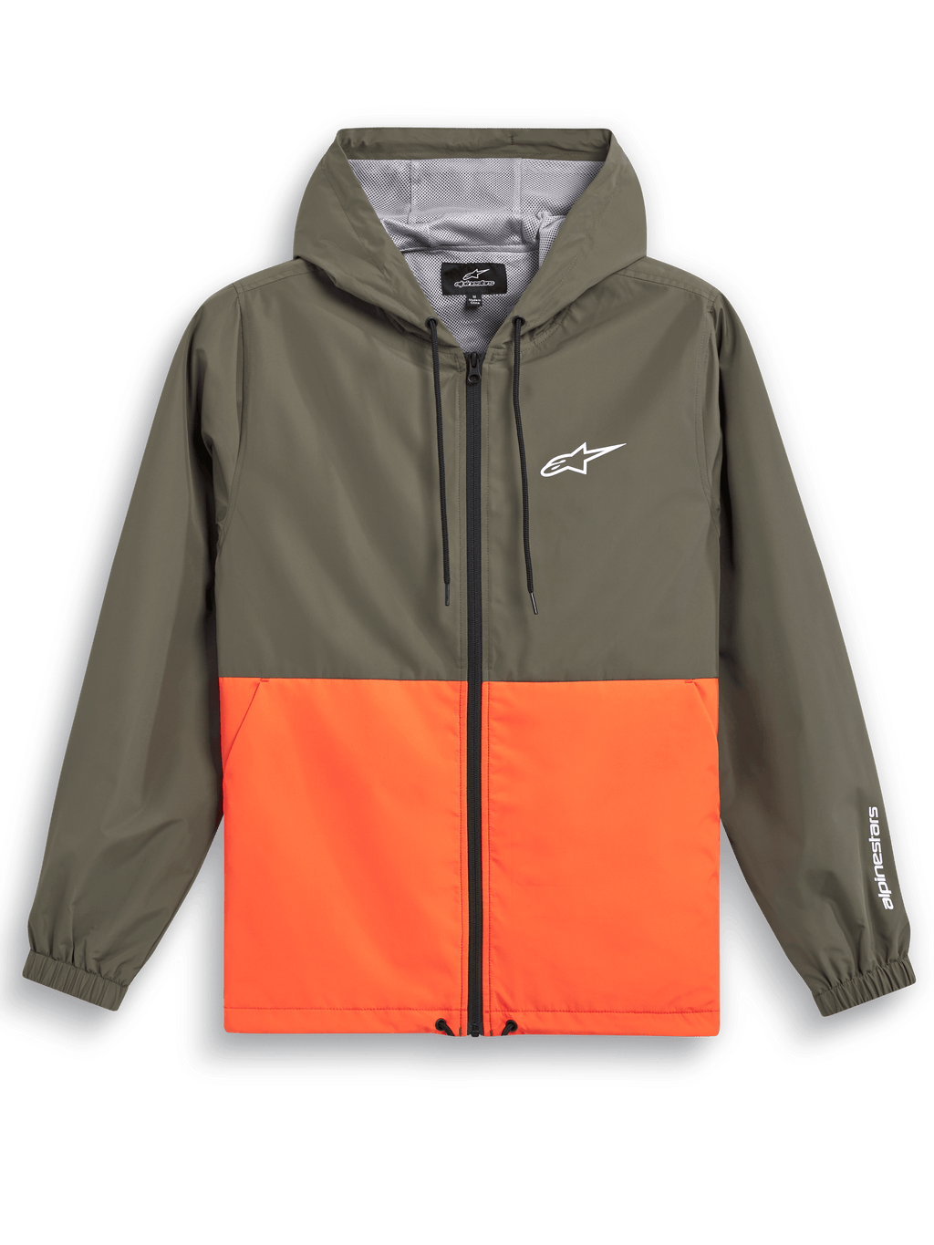 Chaqueta cortavientos Alpinestars Speeder, ropa deportiva casual, diseño de bloques de color en verde oliva y naranja vibrante, logo Astars blanco en el pecho y la manga, con capucha y forro de malla, cordones ajustables y puños elásticos