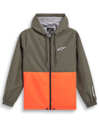 Chaqueta cortavientos Alpinestars Speeder, ropa deportiva casual, diseño de bloques de color en verde oliva y naranja vibrante, logo Astars blanco en el pecho y la manga, con capucha y forro de malla, cordones ajustables y puños elásticos
