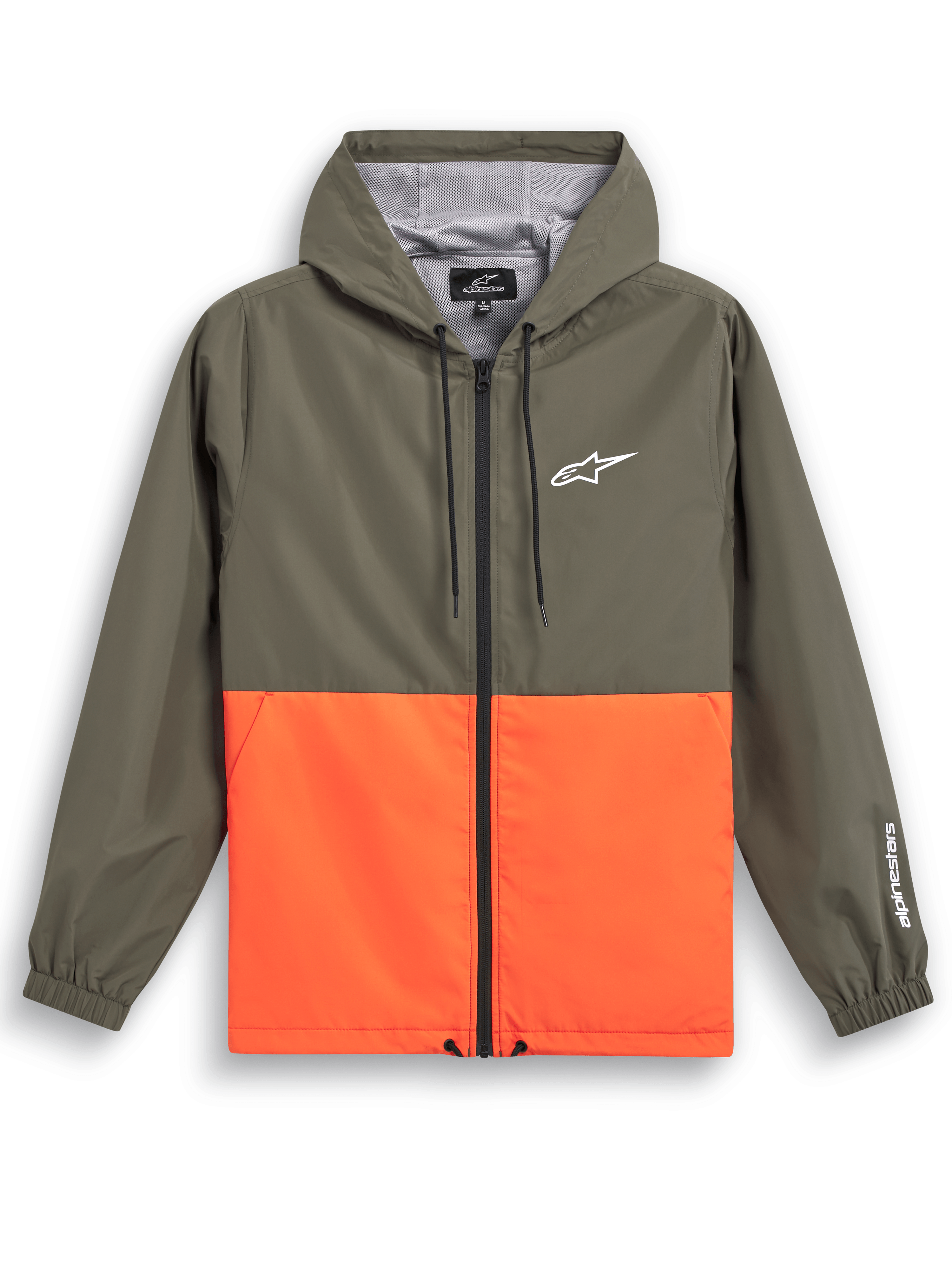 Chaqueta cortavientos Alpinestars Speeder, ropa deportiva casual, diseño de bloques de color en verde oliva y naranja vibrante, logo Astars blanco en el pecho y la manga, con capucha y forro de malla, cordones ajustables y puños elásticos