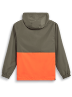 Alpinestars Speeder Windbreaker Jacket, chaqueta cortavientos ligera con capucha, naranja militar y verde oliva, vista trasera con diseño de bloques de color, capucha y puños elásticos