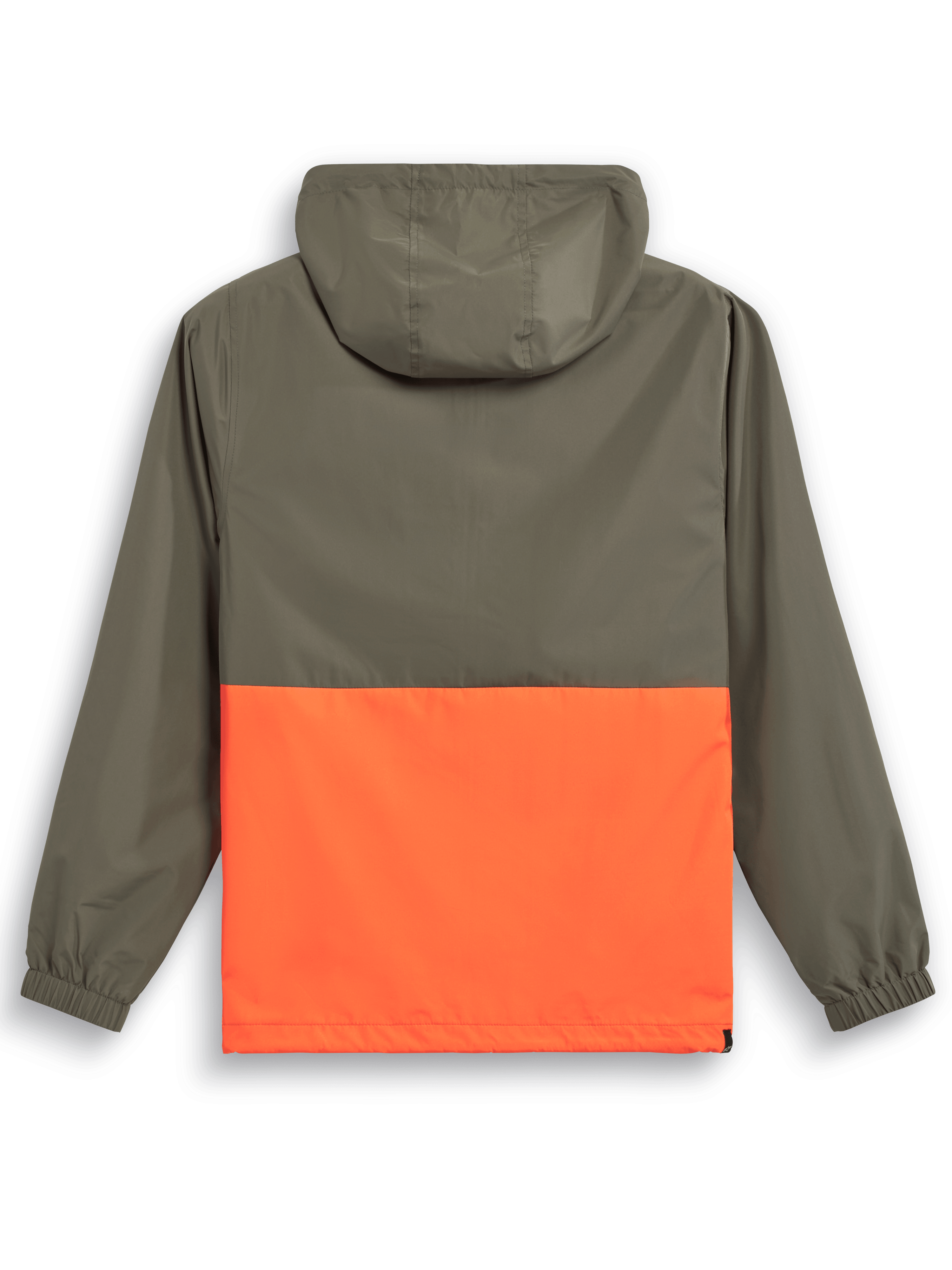 Alpinestars Speeder Windbreaker Jacket, chaqueta cortavientos ligera con capucha, naranja militar y verde oliva, vista trasera con diseño de bloques de color, capucha y puños elásticos