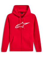 Alpinestars Ageless Zip V3 Hoodie, sudadera roja con capucha, cremallera, logotipo blanco en el pecho, forro polar deportivo