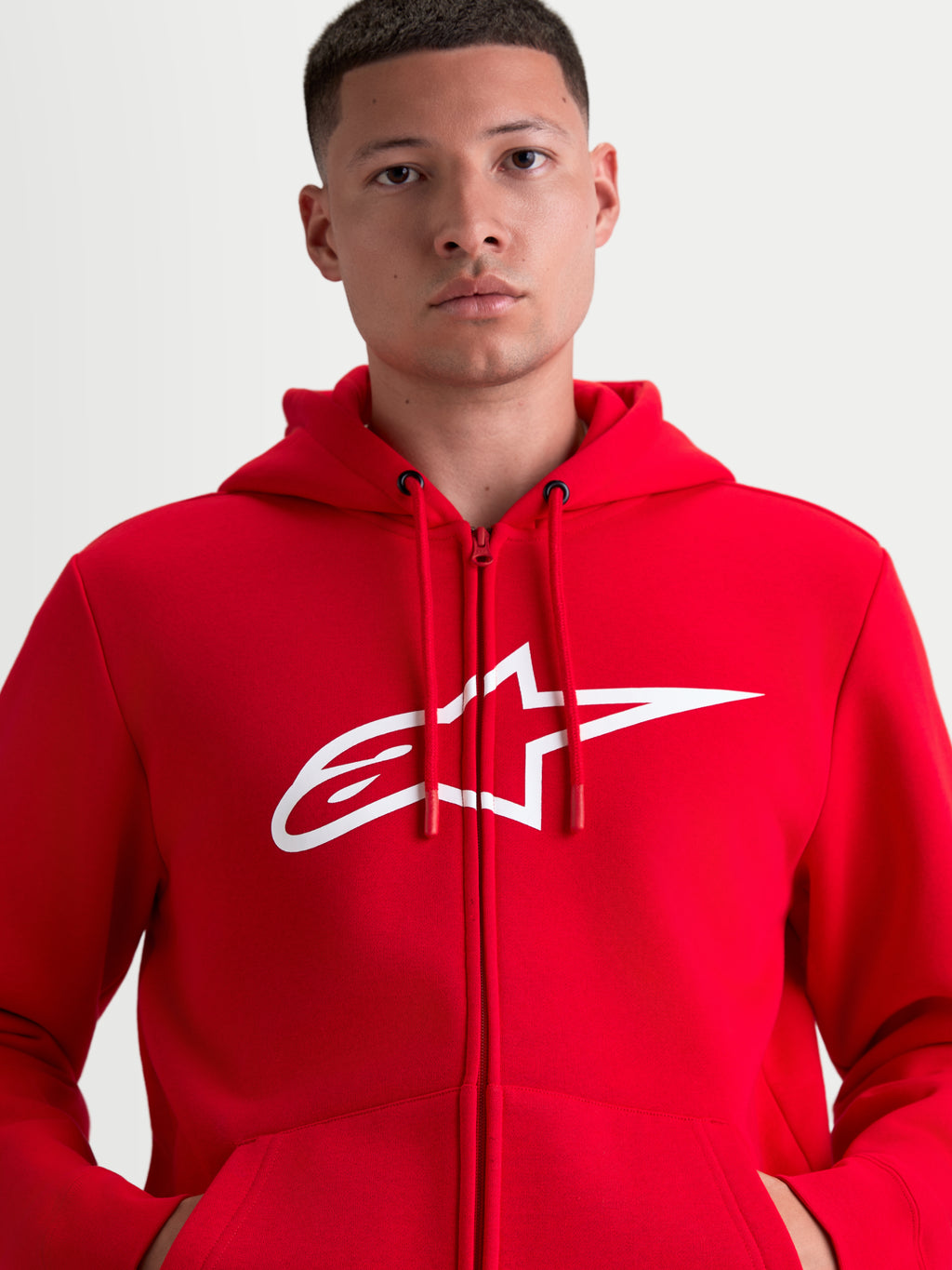 Alpinestars Ageless Zip V3, sudadera con capucha para hombre, roja con logotipo Astars blanco en el pecho, ropa deportiva de estilo casual con cremallera frontal y cordones ajustables