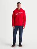 Alpinestars sudadera con capucha Ageless Zip V3, ropa deportiva para hombre, roja y blanca, con logotipo Astars blanco en el pecho, cremallera frontal oculta y puños acanalados, vista frontal en modelo