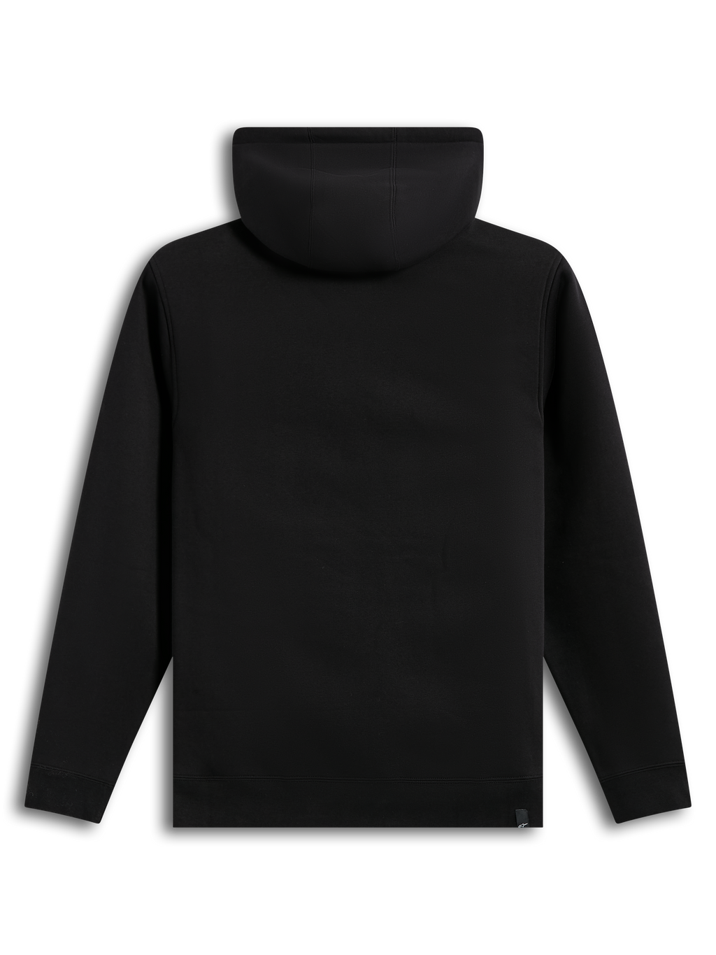 Alpinestars Ageless V3 Hoodie, sudadera con capucha negra de forro polar, vista posterior con puños y dobladillo de canalé, ropa deportiva.