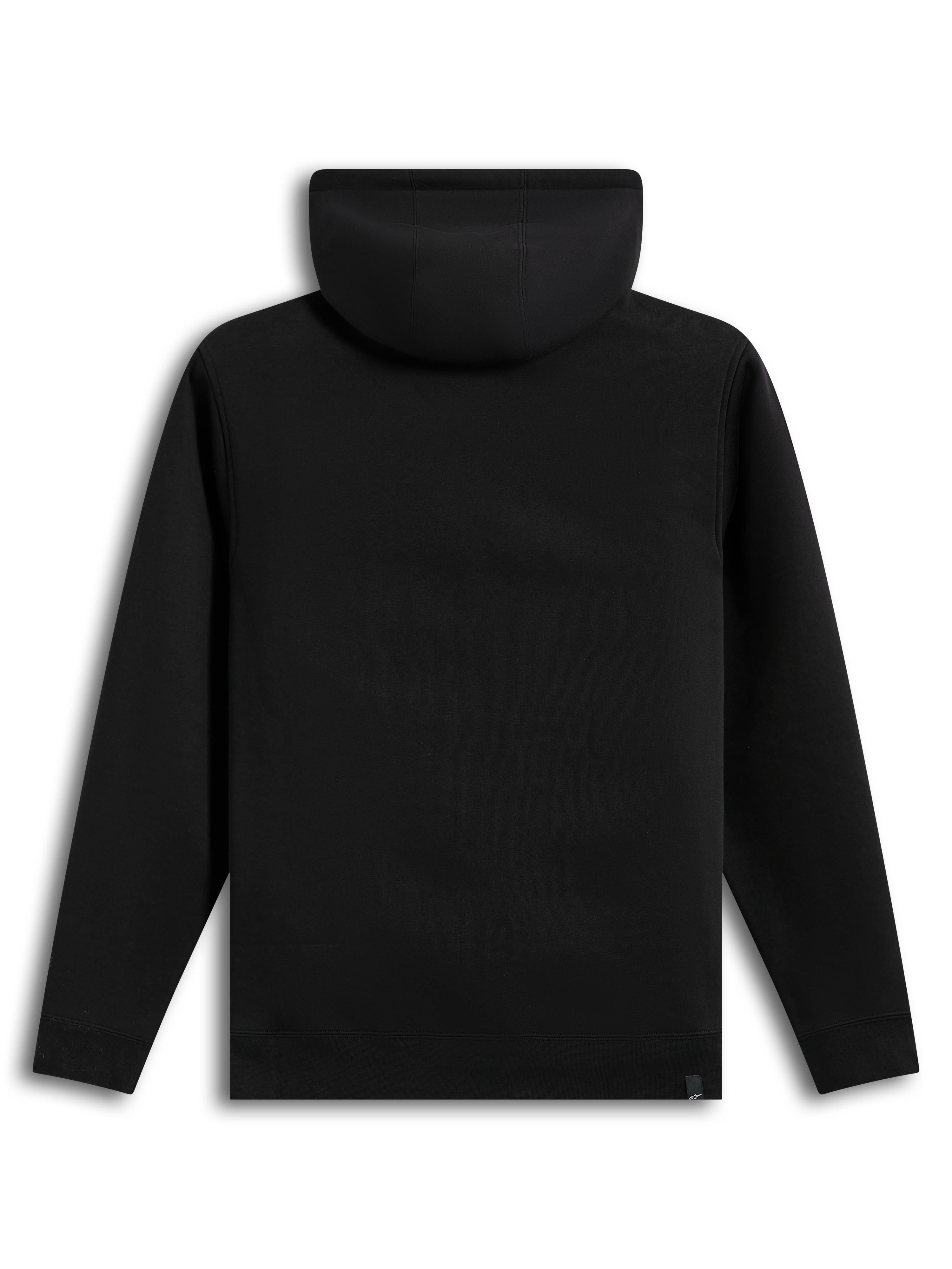 Alpinestars Ageless V3 Hoodie, sudadera con capucha negra de forro polar, vista posterior con puños y dobladillo de canalé, ropa deportiva.