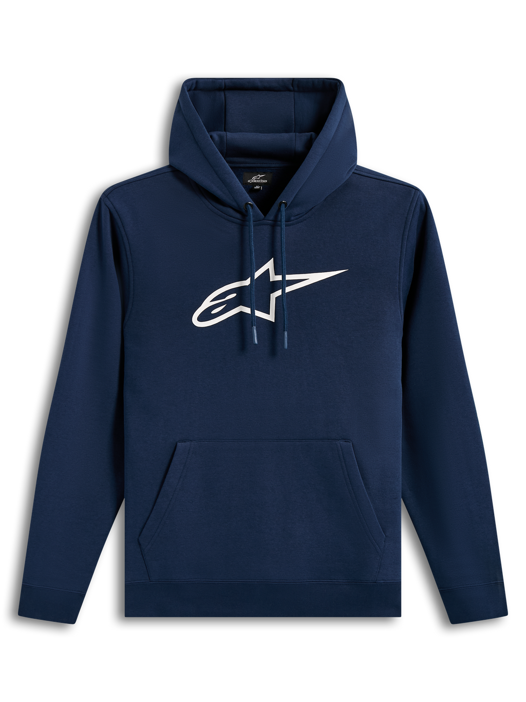Alpinestars Ageless V3 Hoodie, sudadera con capucha azul marino y blanca de forro polar, logotipo bordado grande, ropa casual.