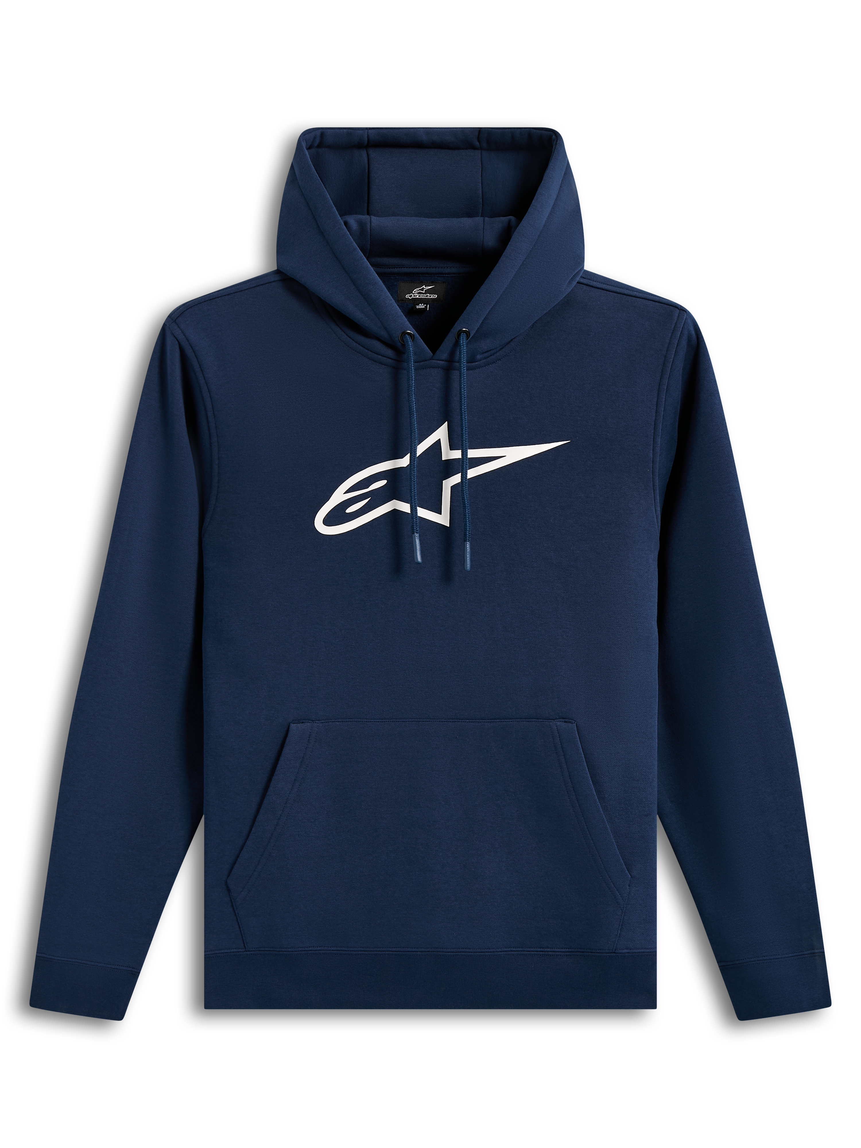Alpinestars Ageless V3 Hoodie, sudadera con capucha azul marino y blanca de forro polar, logotipo bordado grande, ropa casual.