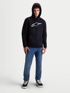Alpinestars Ageless V3, sudadera con capucha de sportswear para hombre, negra y blanca, logotipo frontal bordado, capucha con forro y cordones, puños de canalé, construcción de forro polar suave para un estilo casual inspirado en el motorsport
