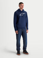Alpinestars Sudadera con capucha Ageless V3, sudadera de forro polar para hombre, azul marino y blanca, con el logotipo de Alpinestars bordado en el pecho, capucha con cordón y bolsillo de canguro, ropa deportiva de estilo casual para seguidores del automovilismo.