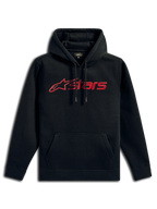 Sudadera con capucha Alpinestars Blaze V3, ropa urbana casual, negra con logotipo lineal rojo, capucha con cordón, bolsillo canguro delantero, manga larga y diseño moderno inspirado en el automovilismo.
