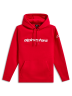 Alpinestars Linear Wordmark V3 Hoodie, casual streetwear, red with white Alpinestars wordmark on chest, white Ageless logo on sleeve, drawstring hood, kangaroo pocket, ribbed cuffs and hem