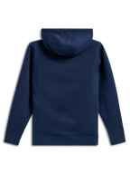 Alpinestars Ride V3 Hoodie, back view of a navy blue hooded pullover fleece, solid color design with ribbed cuffs and hem, jersey-lined hood, casual motorsport-inspired sportswear