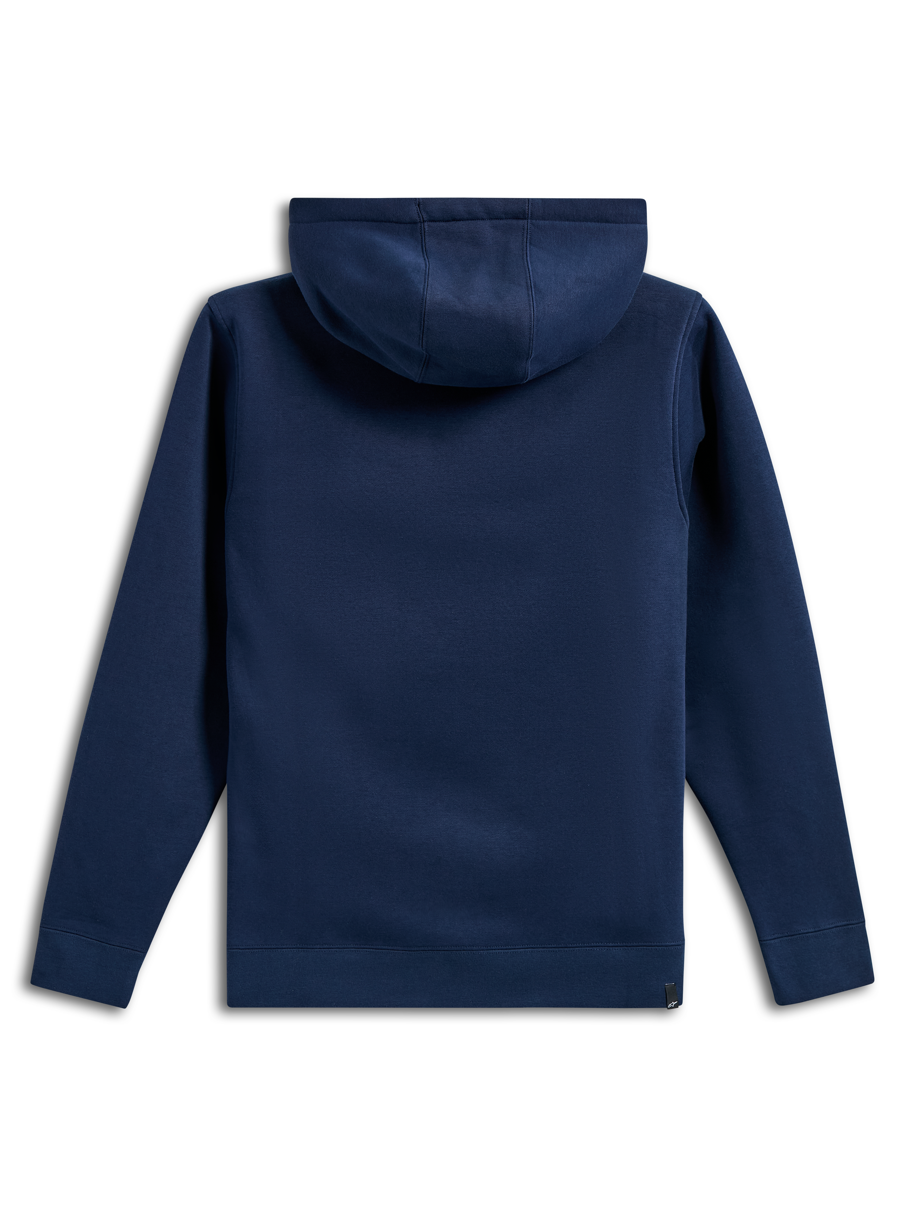 Alpinestars Ride V3 Hoodie, back view of a navy blue hooded pullover fleece, solid color design with ribbed cuffs and hem, jersey-lined hood, casual motorsport-inspired sportswear