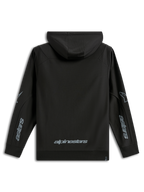 Alpinestars Sessions V3 Hoodie, casual sportswear, Black with gray branding, back view featuring Alpinestars wordmark on the lower back and Astars graphics on the sleeves, hooded poly fleece with ribbed cuffs, modern motorsport-inspired design