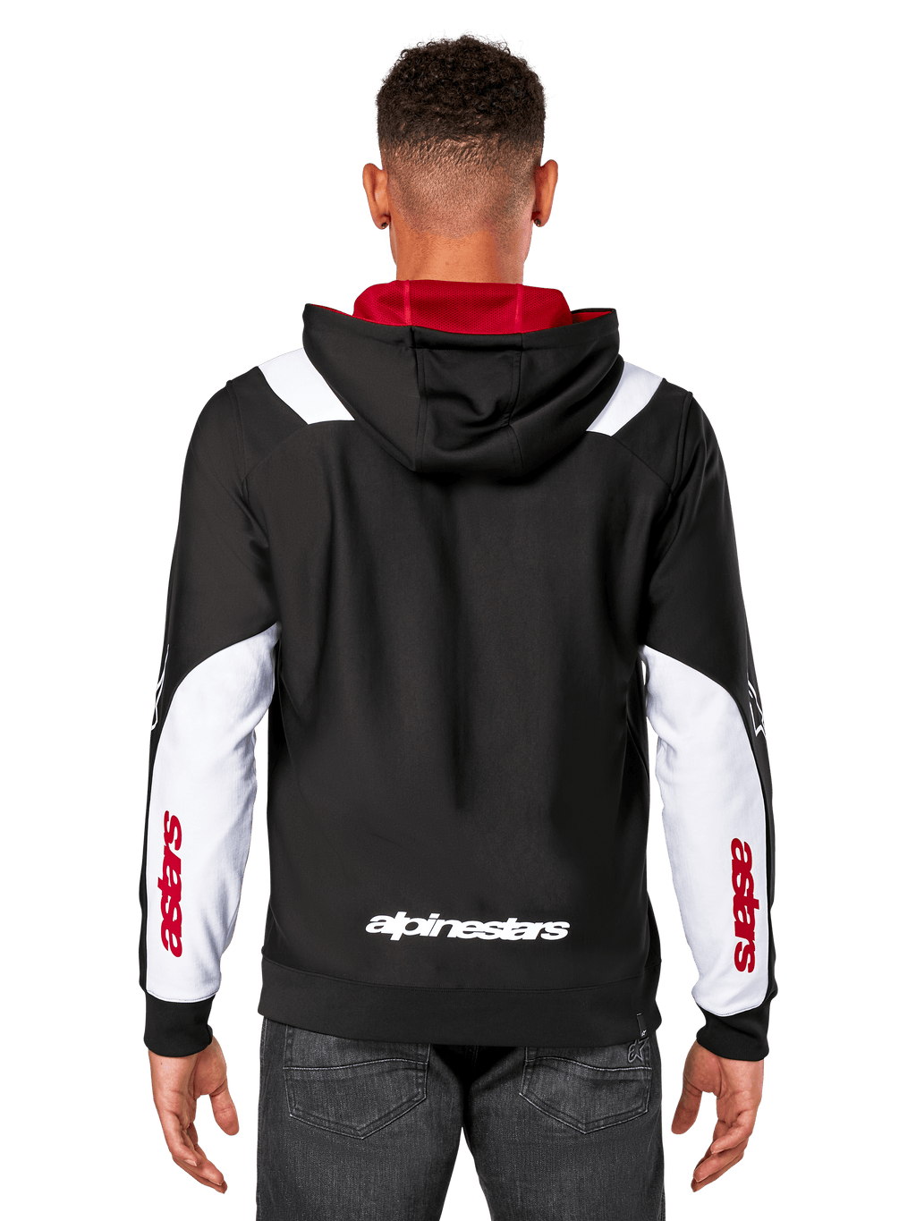 Alpinestars Sessions V3 Hoodie, vista trasera, negra con paneles blancos en las mangas y forro rojo en la capucha, con logotipo blanco en la espalda y marca roja en las mangas, ropa urbana casual inspirada en el automovilismo