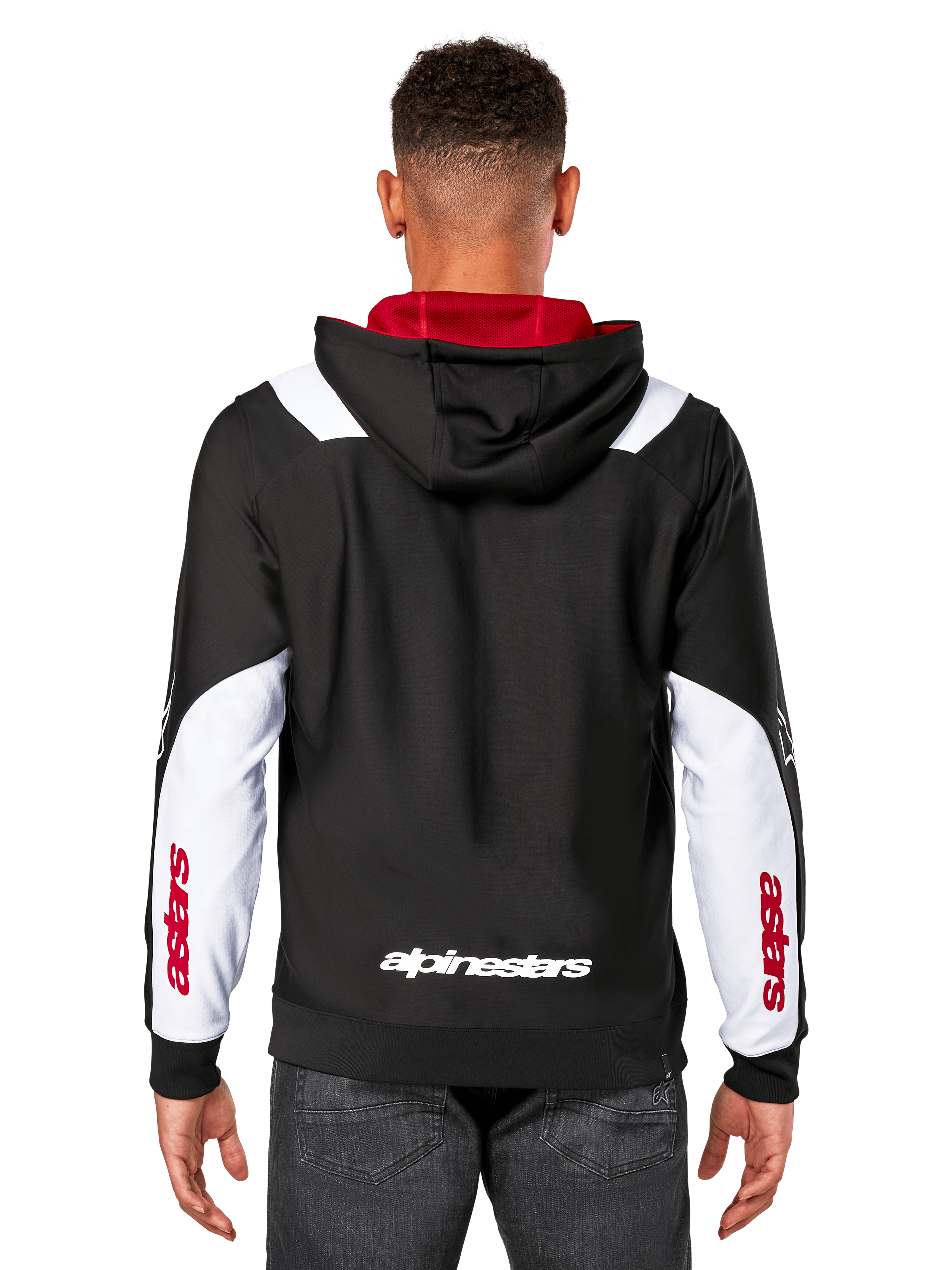 Alpinestars Sessions V3 Hoodie, vista trasera, negra con paneles blancos en las mangas y forro rojo en la capucha, con logotipo blanco en la espalda y marca roja en las mangas, ropa urbana casual inspirada en el automovilismo